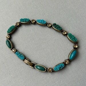 Vintage Turquoise Rosette & Rhinestone Bracelet